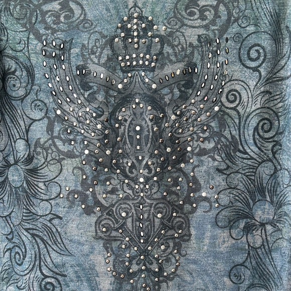 Green Source Y2K Studded Embelished V Neck Paisley Tunic Top Rock Grunge Size L - Picture 4 of 9